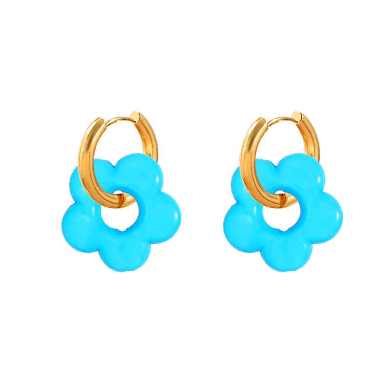 Colorful Acrylic Resin Flower Hoop Earrings Stainless Steel Circle Earring