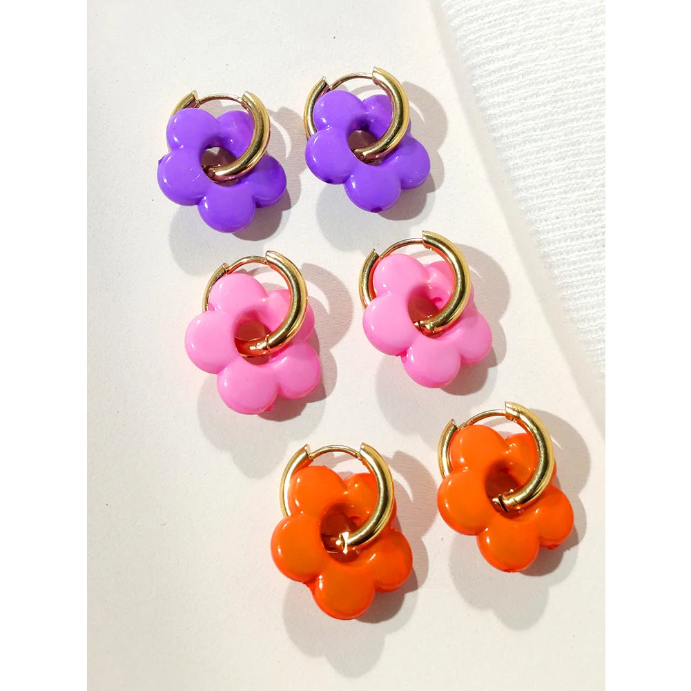 Colorful Acrylic Resin Flower Hoop Earrings Stainless Steel Circle Earring