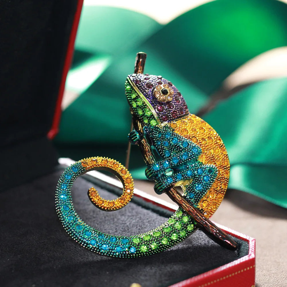 Colorful Chameleon Brooch Unisex Oil-Painted Animal Rhinestone Lizards Pin Corsa