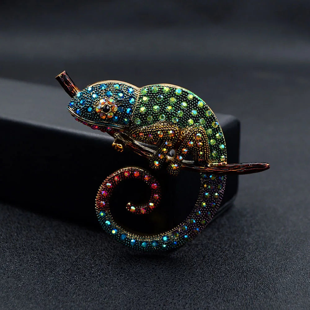 Colorful Chameleon Brooch Unisex Oil-Painted Animal Rhinestone Lizards Pin Corsa