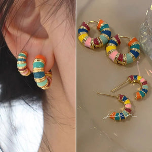 Colorful Enamel Geometric Round Circle Hoop Earrings Vintage Ear Buckle