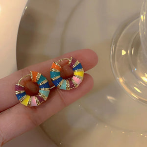 Colorful Enamel Geometric Round Circle Hoop Earrings Vintage Ear Buckle