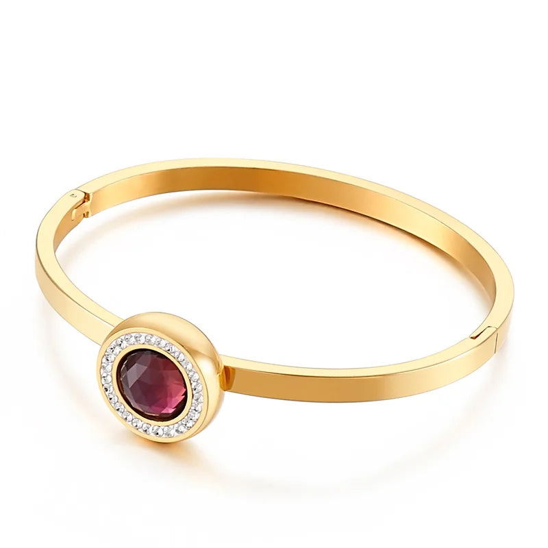Glass Charm Bangle Stainless Steel Rhinestone Cuff Bracelet