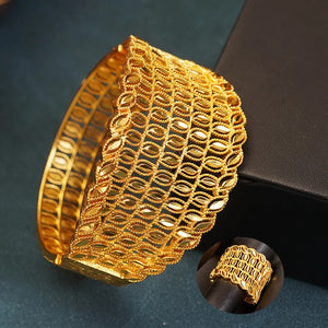 Ethnic Women's Flower Bangle Ring Set - Bridal Cuff Bracelet