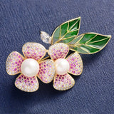 Copper Inlaid Zircon Corsages Enamel Flower Brooches Elegant Pins