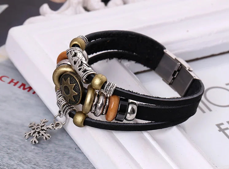 Retro Punk Cow Leather Bracelet Men Women Stainless Steel Clasp Charms Wristband