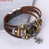 Retro Punk Cow Leather Bracelet Men Women Stainless Steel Clasp Charms Wristband