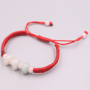 Natural Jadeite Circle Bead Bracelet with Red Cord, 10mm, 6.3in