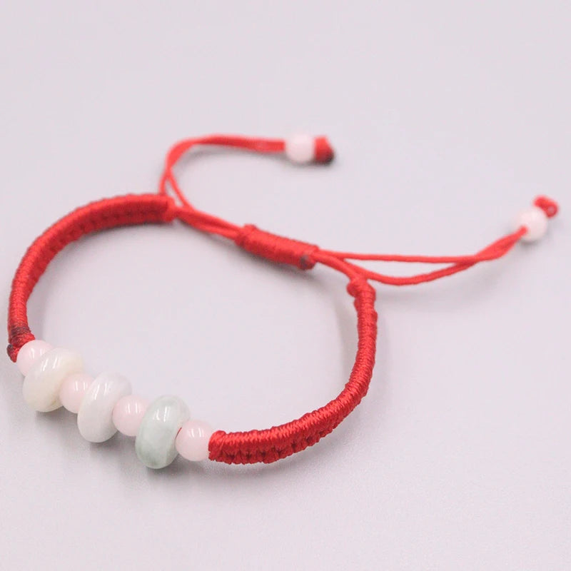 Natural Jadeite Circle Bead Bracelet with Red Cord, 10mm, 6.3in