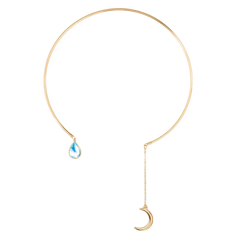 Moon Pendant Open Choker Necklace Crystal Cuff Collar Statement Party Jewelry