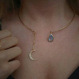 Moon Pendant Open Choker Necklace Crystal Cuff Collar Statement Party Jewelry