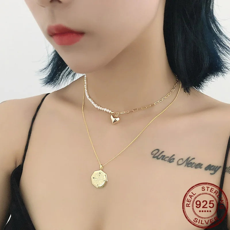 925 Silver Love Heart Pendant Necklace Clavicle Pearl Chain