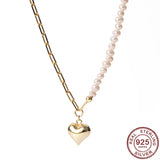 925 Silver Love Heart Pendant Necklace Clavicle Pearl Chain