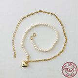 925 Silver Love Heart Pendant Necklace Clavicle Pearl Chain