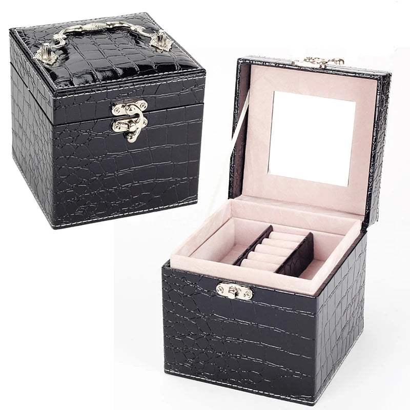 Crocodile Pattern 3-Layer Jewelry Organizer Box Travel Earring Ring Storage Case