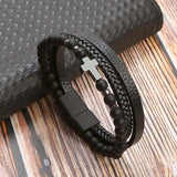 Cross Charm Leather Bracelet Men Punk Beaded Bracelet Gift