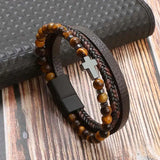Cross Charm Leather Bracelet Men Punk Beaded Bracelet Gift
