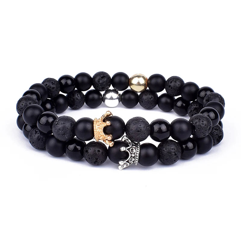 Crown Charm Couple Bracelet Natural Stone Beads Wristband Men Women Bracelets