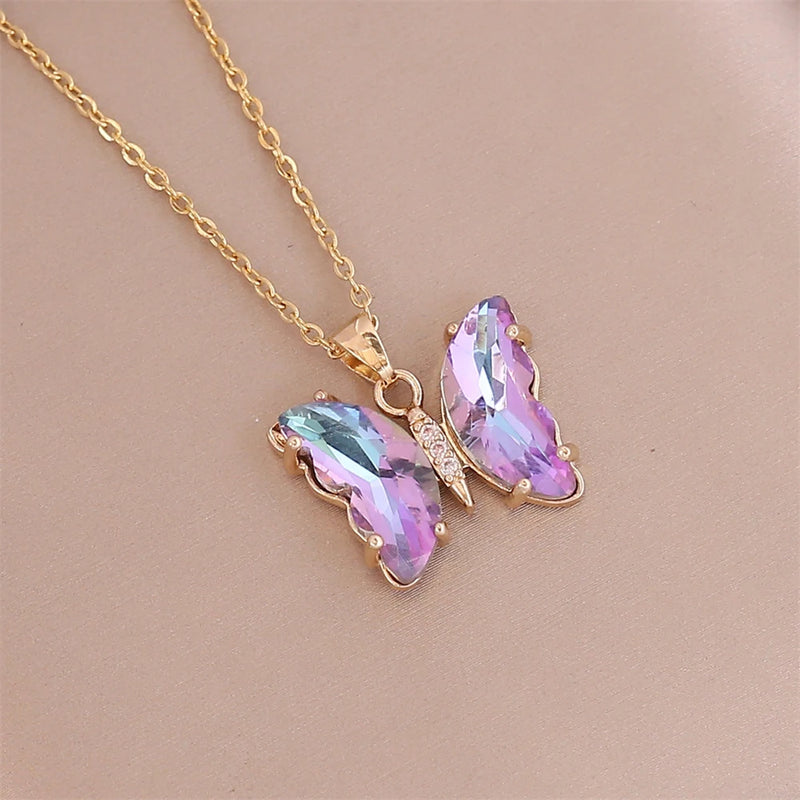 Crystal Butterfly Pendant Necklace Stainless Steel Clavicle Chain