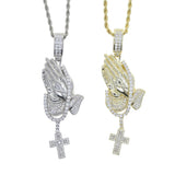 Bling Praying Hands Cross Pendant CZ Necklace Hip Hop Jewelry