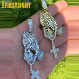 Bling Praying Hands Cross Pendant CZ Necklace Hip Hop Jewelry