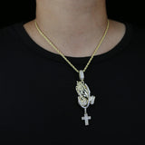 Bling Praying Hands Cross Pendant CZ Necklace Hip Hop Jewelry