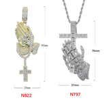 Bling Praying Hands Cross Pendant CZ Necklace Hip Hop Jewelry