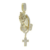 Bling Praying Hands Cross Pendant CZ Necklace Hip Hop Jewelry