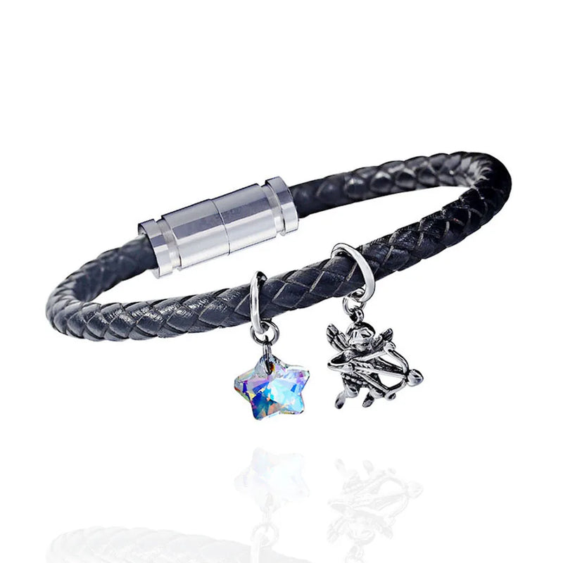 Cupid Star Crystal Pendant Leather Bangle Bracelet