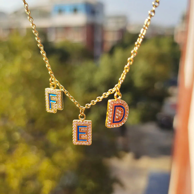 Enamel Name Necklace, Pave Crystal Letter Pendant