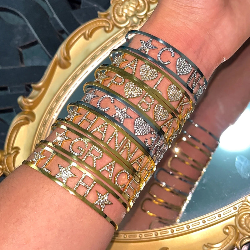 Stainless Steel Zircon Name Bracelet Adjustable Full Diamond Letter Bracelet