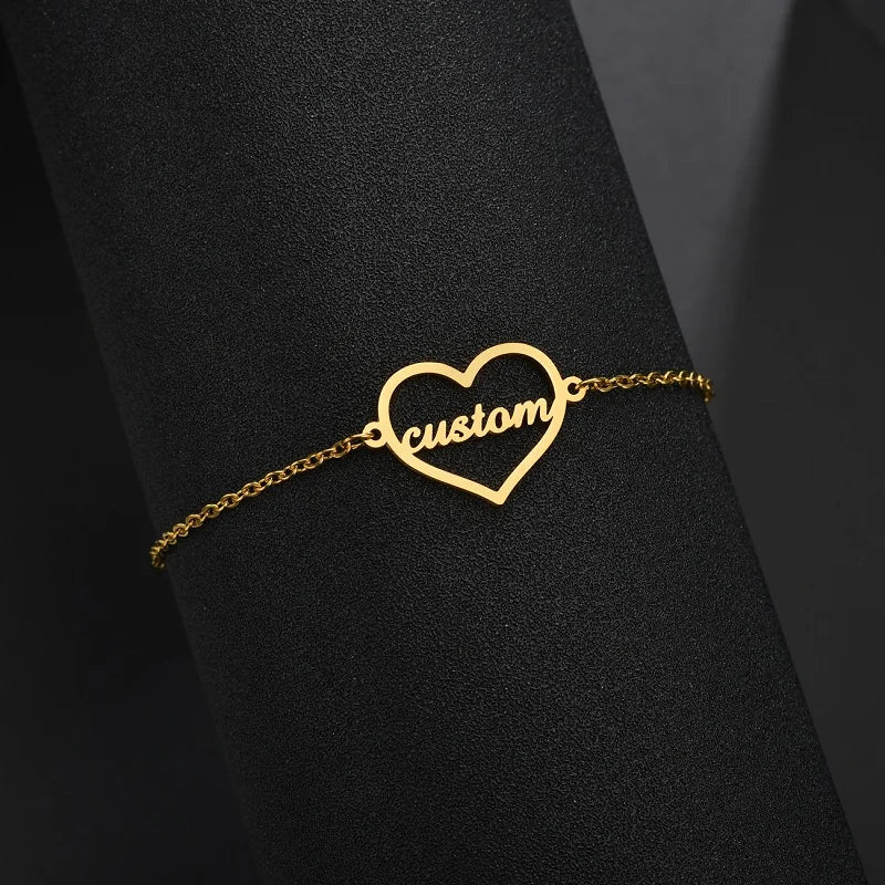Adjustable Stainless Steel Name Bracelet Heart Round Bracelet For Women Girls