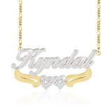 18K Plated Personalized Two Tone Name Necklace With Double Heart Pendant
