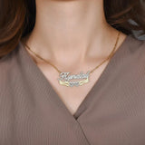 18K Plated Personalized Two Tone Name Necklace With Double Heart Pendant