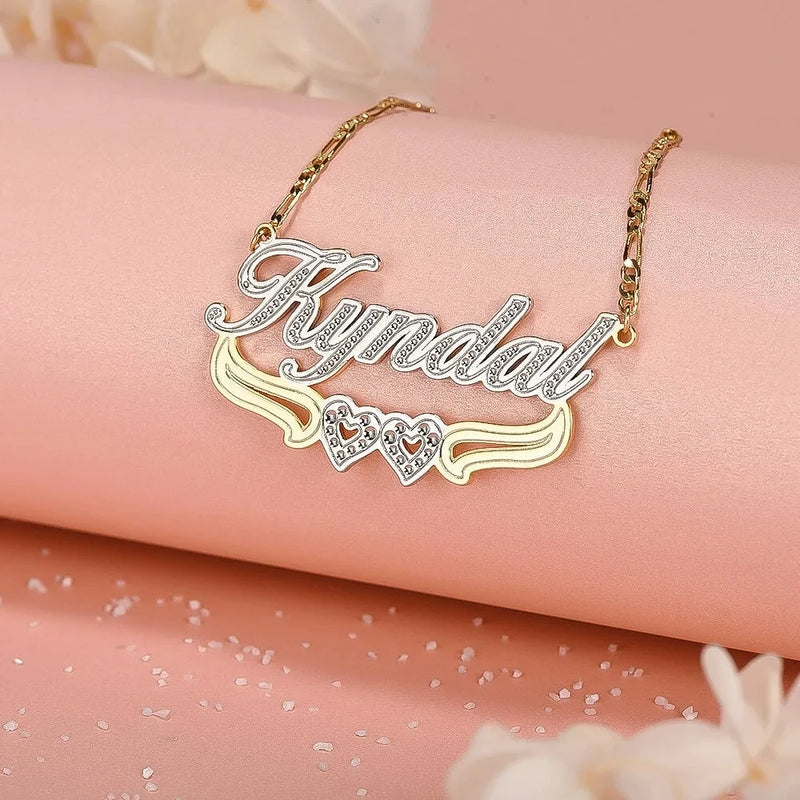 18K Plated Personalized Two Tone Name Necklace With Double Heart Pendant