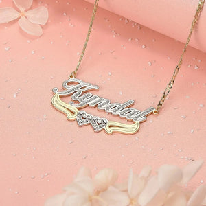 18K Plated Personalized Two Tone Name Necklace With Double Heart Pendant