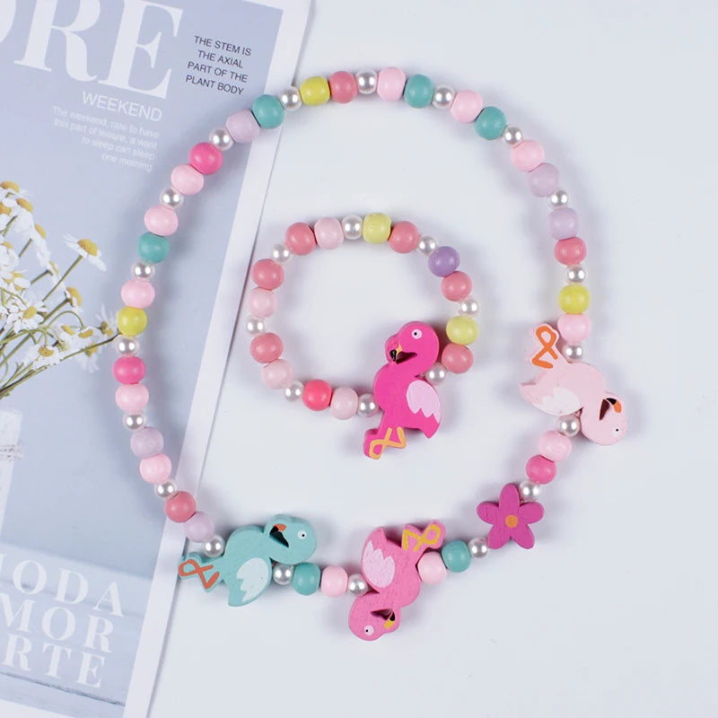 Kids Cartoon Wooden Flower Animal Jewelry Set for Girls