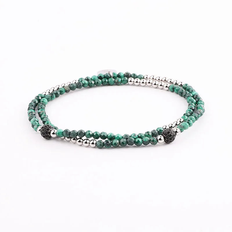 3MM Malachite CZ Pave Charm Elastic Beads Bracelet Gift