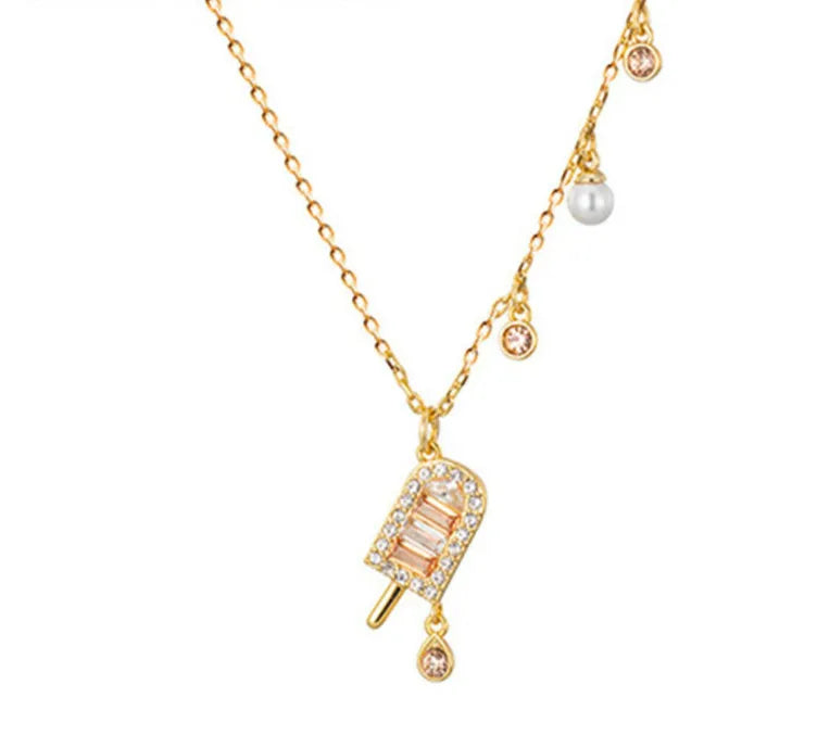 Girls Popsicle Ladies Necklace Food Pendant Pearl Crystal Clavicle Chain Gift