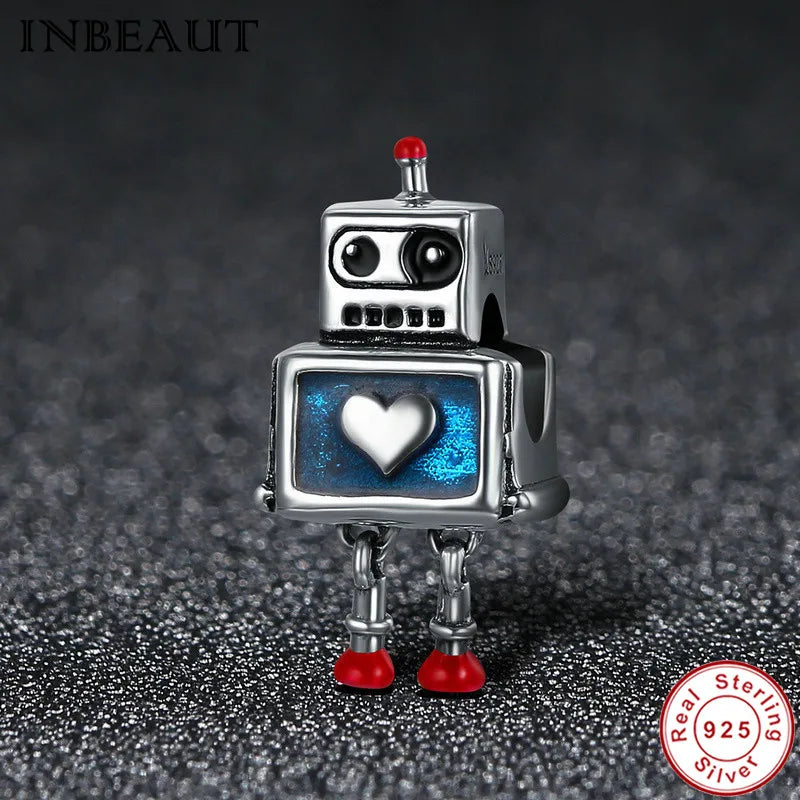 925 Sterling Silver Robot Charm Beads for Women