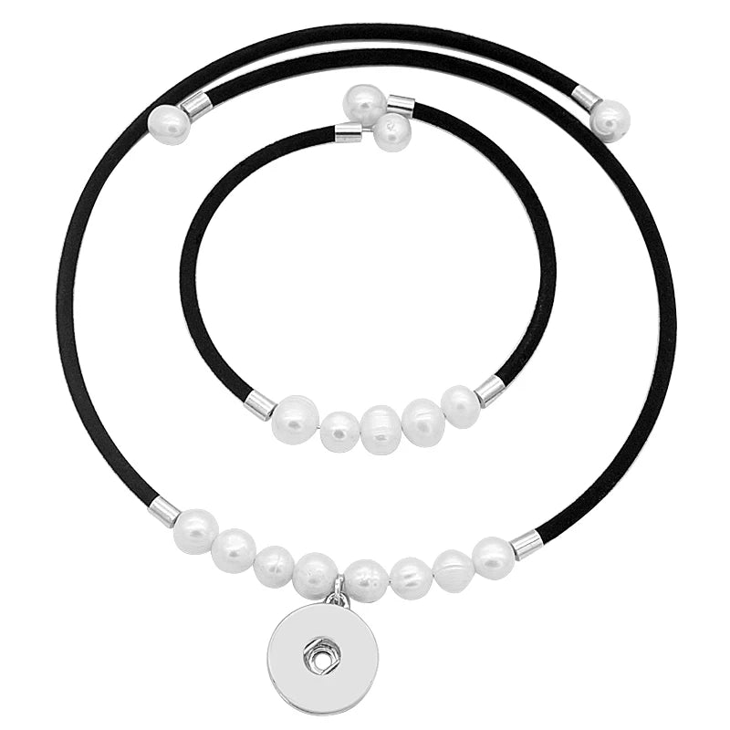 Beauty Freshwater Pearls Velvet Collar&Bracelet Set 18MM Snap Necklace