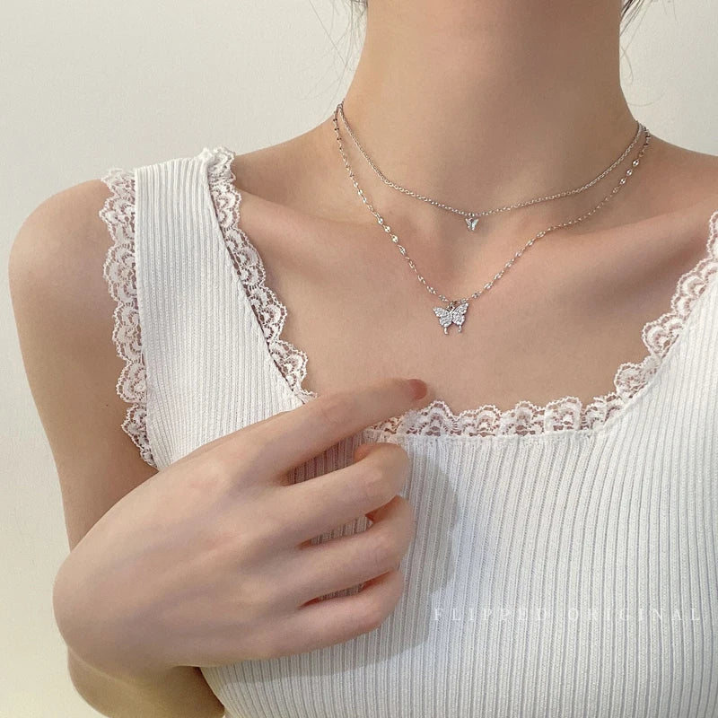 Zirconia Butterfly Pendant Necklace Women Silver Chain Choker Jewelry