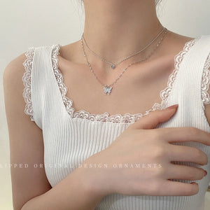 Zirconia Butterfly Pendant Necklace Women Silver Chain Choker Jewelry