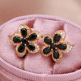 Dark Zircon Flower Earrings 585 Charm Hoops Inlay Crystal Piercing Jewelry