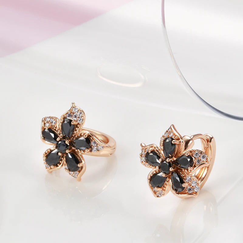 Dark Zircon Flower Earrings 585 Charm Hoops Inlay Crystal Piercing Jewelry