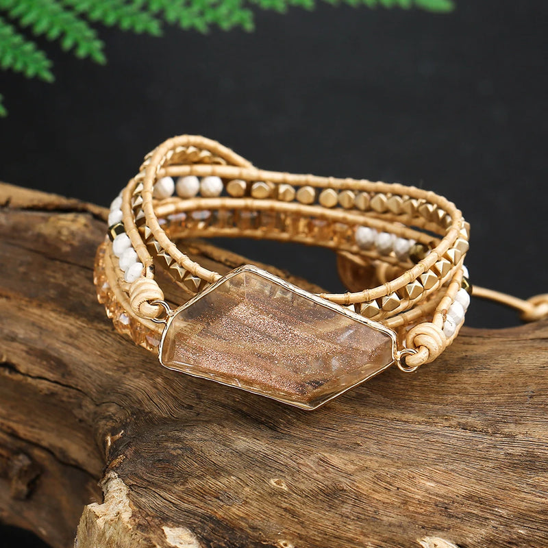 Real Leather DIY Hematite Stone Crystal 3 Strands Bracelet Women Adjustable Wrap