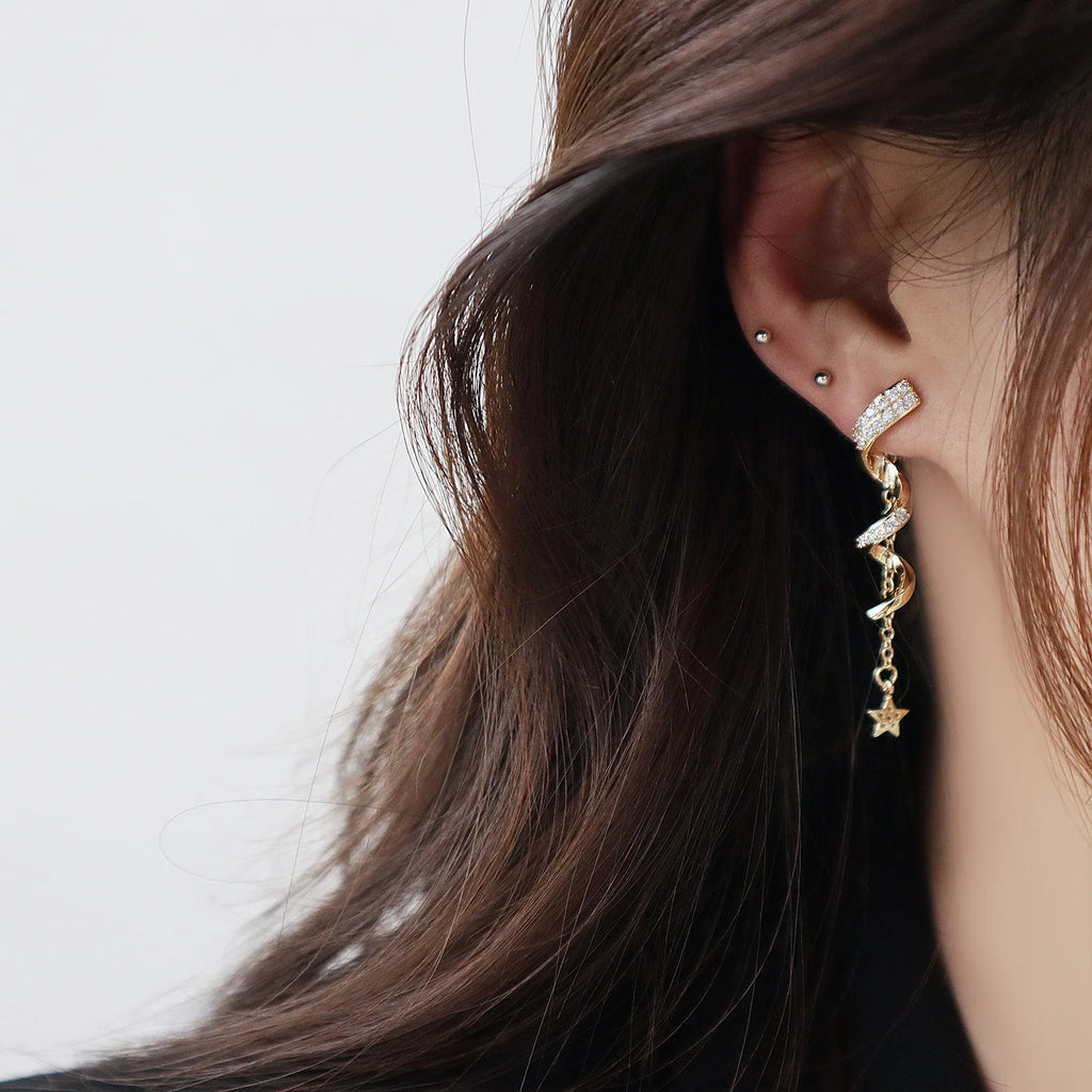 14K Spiral Chain Star Stud Earrings with Zircon