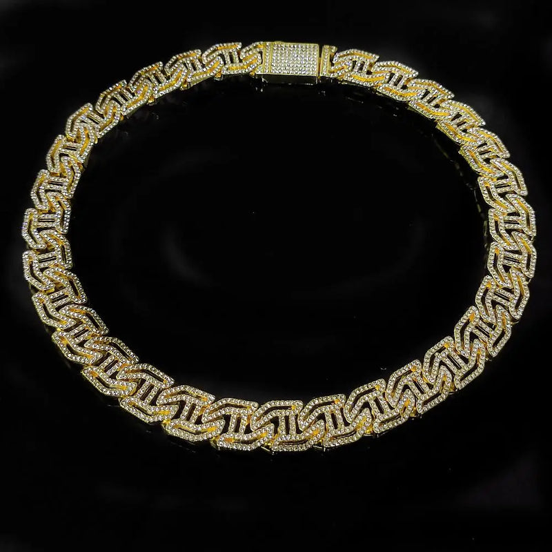 17mm Baguette CZ Geometric Cuban Link Chain Rose Silver Hip Hop Jewelry