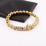 CZ Pave Crown Charm Beaded Bracelet Men Gift