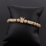 CZ Pave Crown Charm Beaded Bracelet Men Gift